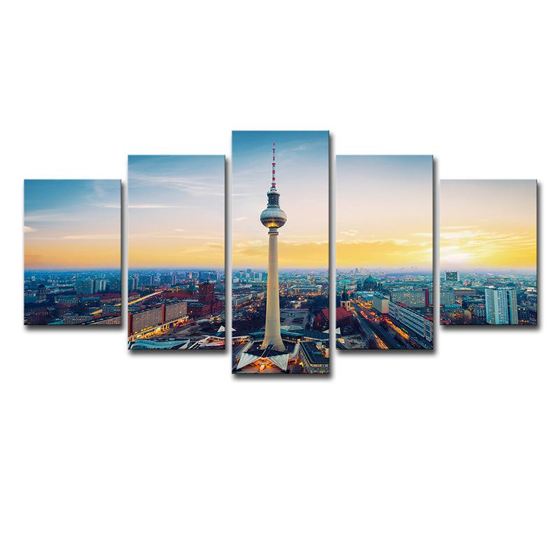 Yellow Sundown Cityscape Canvas Art Berlin TV Tower Global Inspired Multi-Piece Wall Decor Clearhalo 'Arts' 'Canvas Art' 1638614