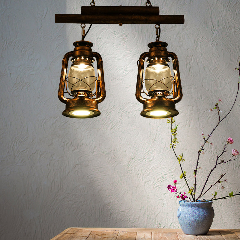 Bronze/Copper Lantern Island Light Fixture Coastal Clear Glass 2-Bulb Kitchen Hanging Lamp Clearhalo 'Ceiling Lights' 'Glass shade' 'Glass' 'Island Lights' 'Pendant Lights' Lighting' 163862
