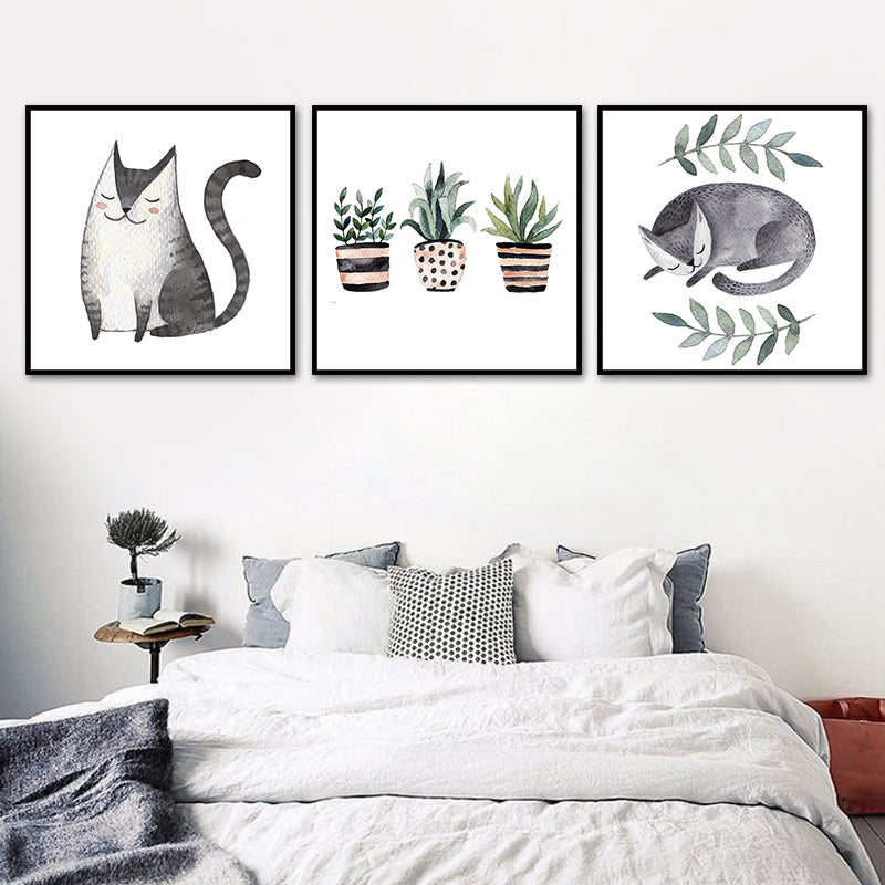 Childrens Art Cat Canvas Print White Botanical Wall Decor for Kids Bedroom, Textured White One Set Clearhalo 'Art Gallery' 'Canvas Art' 'Kids' Arts' 1638641