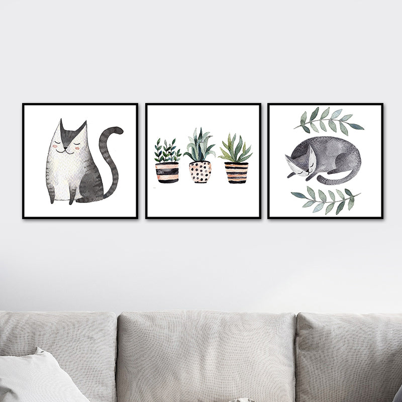 Childrens Art Cat Canvas Print White Botanical Wall Decor for Kids Bedroom, Textured Clearhalo 'Art Gallery' 'Canvas Art' 'Kids' Arts' 1638642