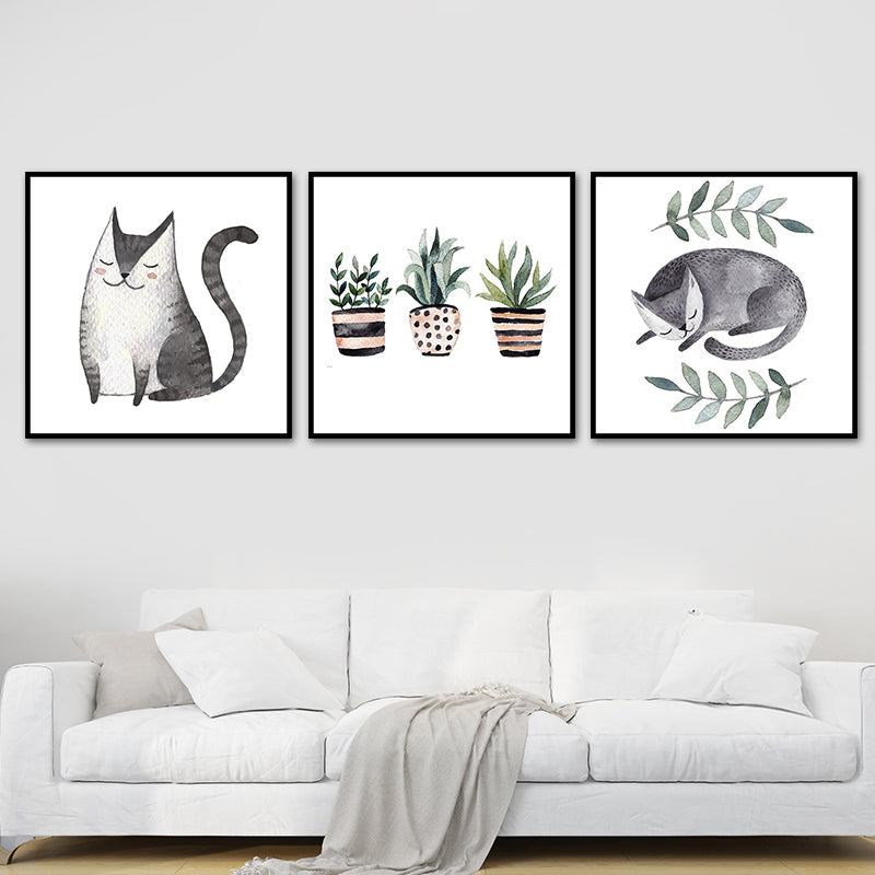 Childrens Art Cat Canvas Print White Botanical Wall Decor for Kids Bedroom, Textured Clearhalo 'Art Gallery' 'Canvas Art' 'Kids' Arts' 1638643
