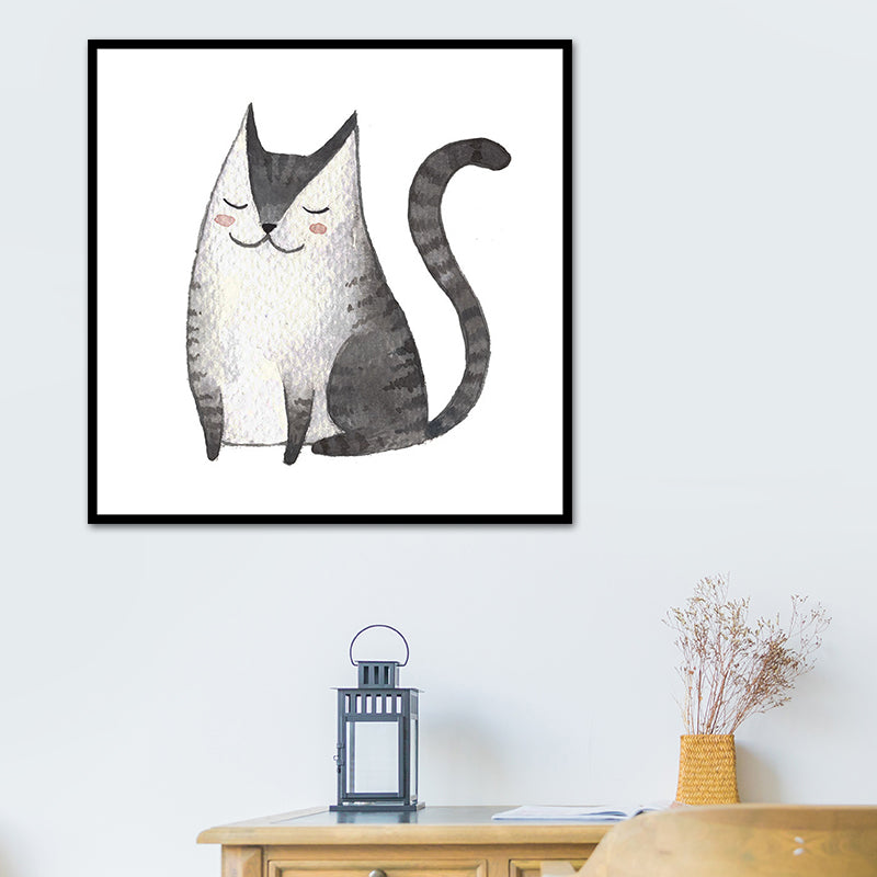 Childrens Art Cat Canvas Print White Botanical Wall Decor for Kids Bedroom, Textured White Design 1 Clearhalo 'Art Gallery' 'Canvas Art' 'Kids' Arts' 1638648