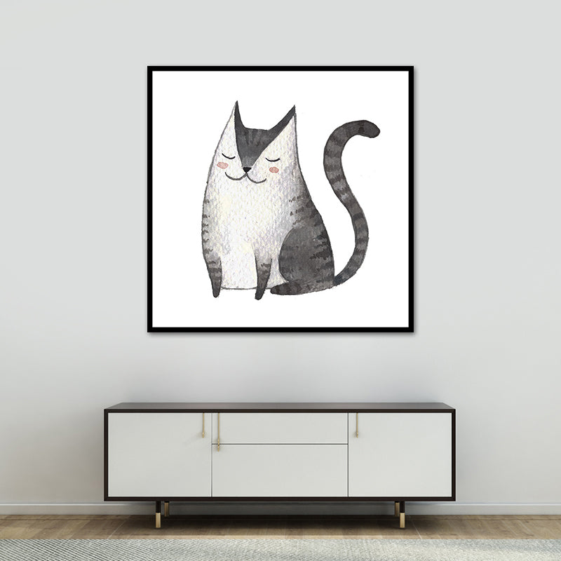Childrens Art Cat Canvas Print White Botanical Wall Decor for Kids Bedroom, Textured Clearhalo 'Art Gallery' 'Canvas Art' 'Kids' Arts' 1638649