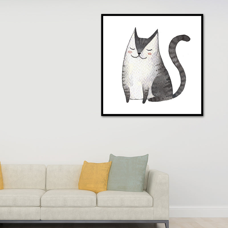 Childrens Art Cat Canvas Print White Botanical Wall Decor for Kids Bedroom, Textured Clearhalo 'Art Gallery' 'Canvas Art' 'Kids' Arts' 1638650