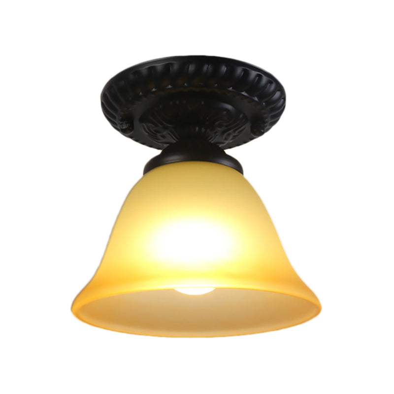 1 Light Ceiling Light Fixture with Bell Shade Opal/Amber Glass Vintage Living Room Semi Flush in Black Clearhalo 'Ceiling Lights' 'Close To Ceiling Lights' 'Close to ceiling' 'Flush mount' 'Industrial Flush Mount' Lighting' 163866