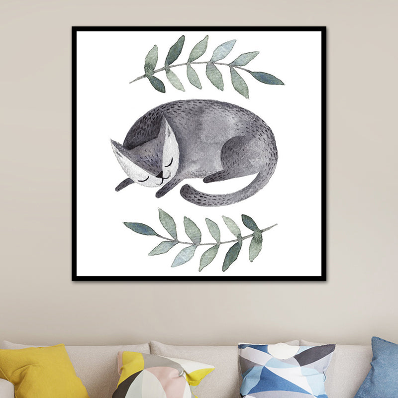 Childrens Art Cat Canvas Print White Botanical Wall Decor for Kids Bedroom, Textured White Design 3 Clearhalo 'Art Gallery' 'Canvas Art' 'Kids' Arts' 1638662