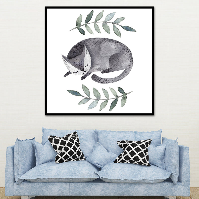 Childrens Art Cat Canvas Print White Botanical Wall Decor for Kids Bedroom, Textured Clearhalo 'Art Gallery' 'Canvas Art' 'Kids' Arts' 1638663