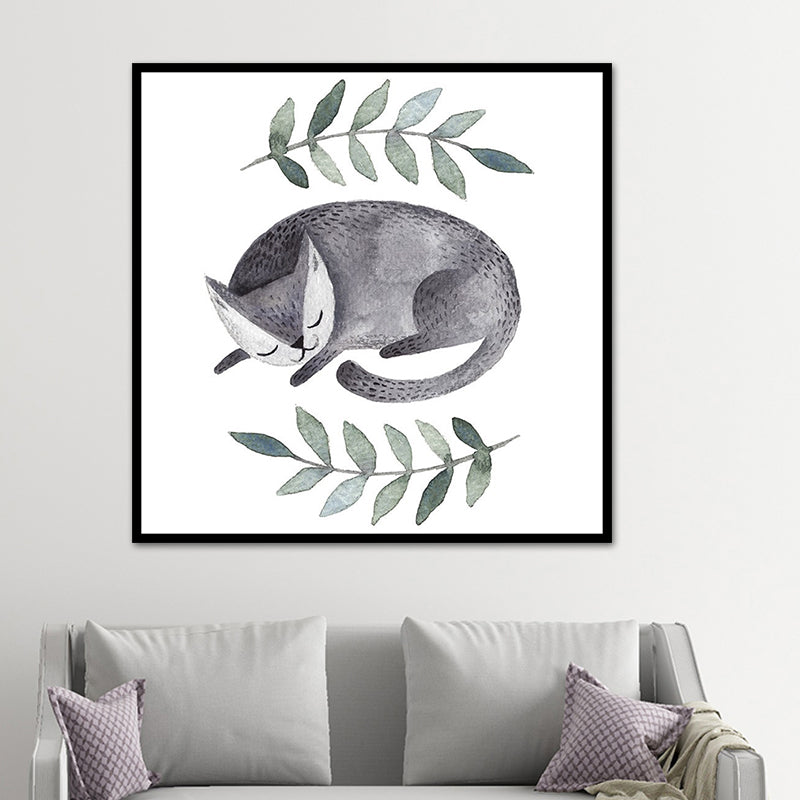 Childrens Art Cat Canvas Print White Botanical Wall Decor for Kids Bedroom, Textured Clearhalo 'Art Gallery' 'Canvas Art' 'Kids' Arts' 1638664