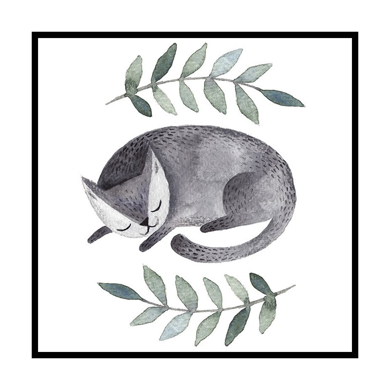 Childrens Art Cat Canvas Print White Botanical Wall Decor for Kids Bedroom, Textured Clearhalo 'Art Gallery' 'Canvas Art' 'Kids' Arts' 1638665