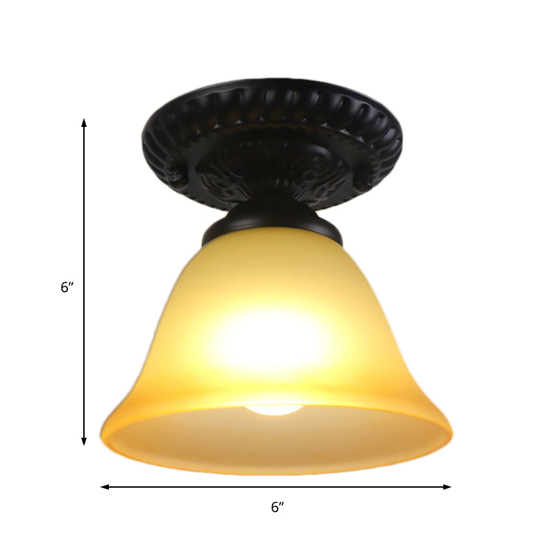 1 Light Ceiling Light Fixture with Bell Shade Opal/Amber Glass Vintage Living Room Semi Flush in Black Clearhalo 'Ceiling Lights' 'Close To Ceiling Lights' 'Close to ceiling' 'Flush mount' 'Industrial Flush Mount' Lighting' 163867