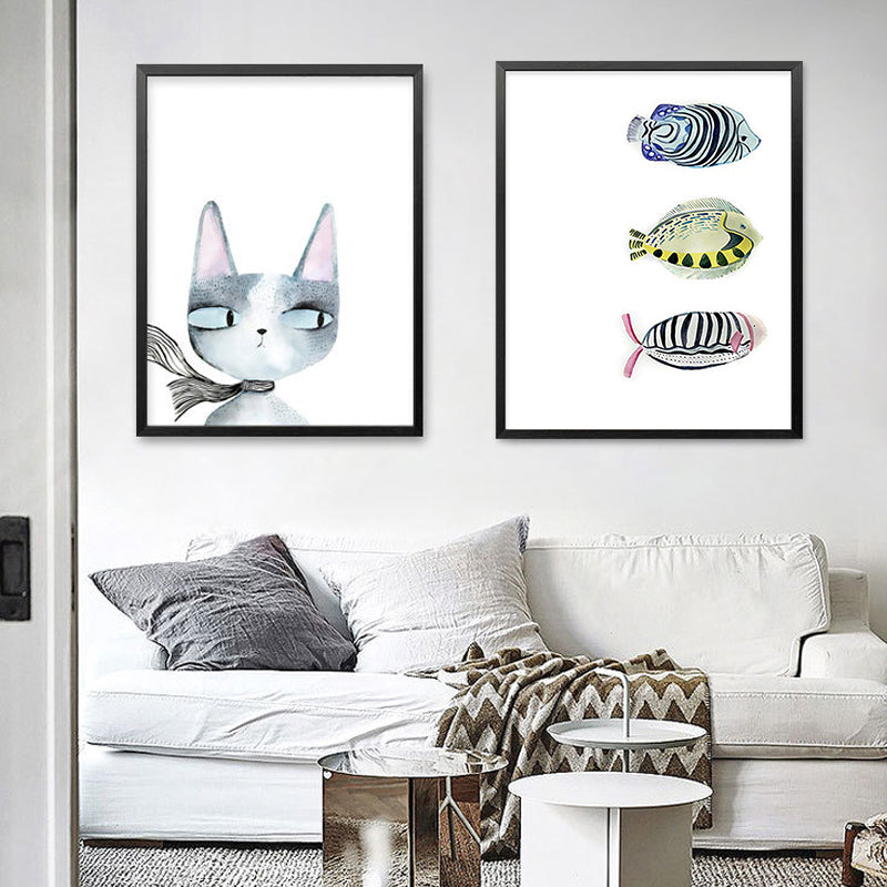 Canvas Textured Wall Art Cartoon Animal Watercolor Drawing Wall Decoration in White Clearhalo 'Art Gallery' 'Canvas Art' 'Kids' Arts' 1638677