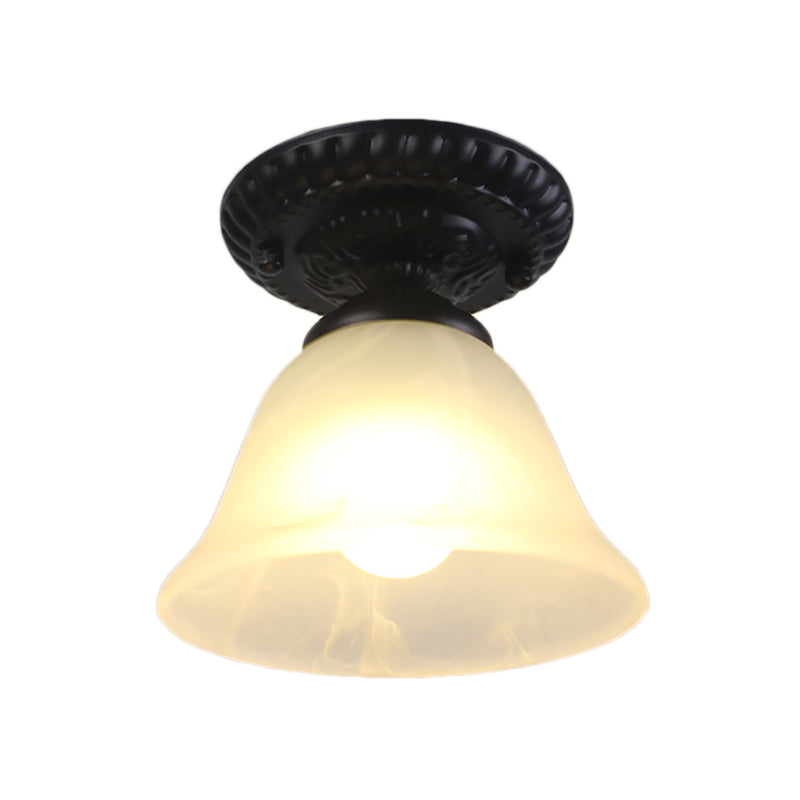 1 Light Ceiling Light Fixture with Bell Shade Opal/Amber Glass Vintage Living Room Semi Flush in Black Clearhalo 'Ceiling Lights' 'Close To Ceiling Lights' 'Close to ceiling' 'Flush mount' 'Industrial Flush Mount' Lighting' 163869