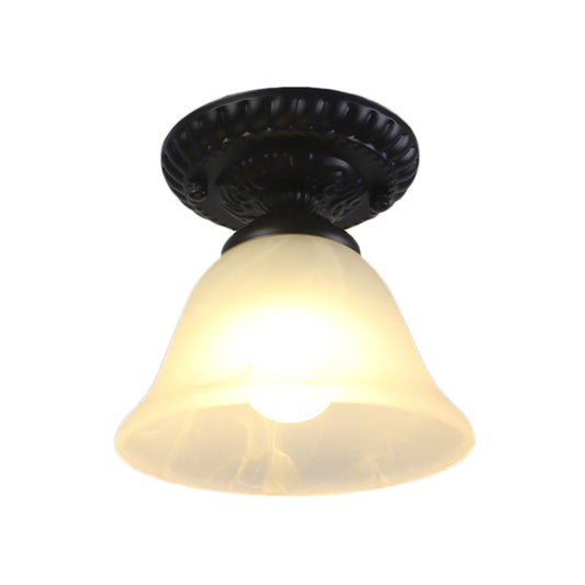 1 Light Ceiling Light Fixture with Bell Shade Opal/Amber Glass Vintage Living Room Semi Flush in Black Clearhalo 'Ceiling Lights' 'Close To Ceiling Lights' 'Close to ceiling' 'Flush mount' 'Industrial Flush Mount' Lighting' 163869