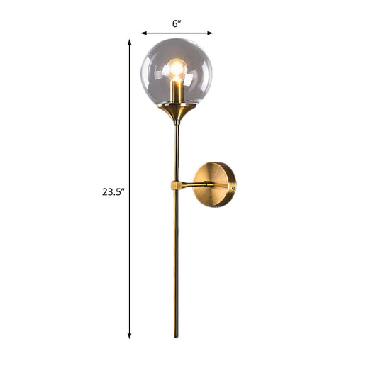 Modern Globe Shade Wall Lighting Single Bulb Clear/Grey/Amber Glass Sconce Light in Brass for Bedroom Clearhalo 'Art deco wall lights' 'Cast Iron' 'Glass' 'Industrial wall lights' 'Industrial' 'Middle century wall lights' 'Modern' 'Rustic wall lights' 'Tiffany' 'Traditional wall lights' 'Wall Lamps & Sconces' 'Wall Lights' Lighting' 163877