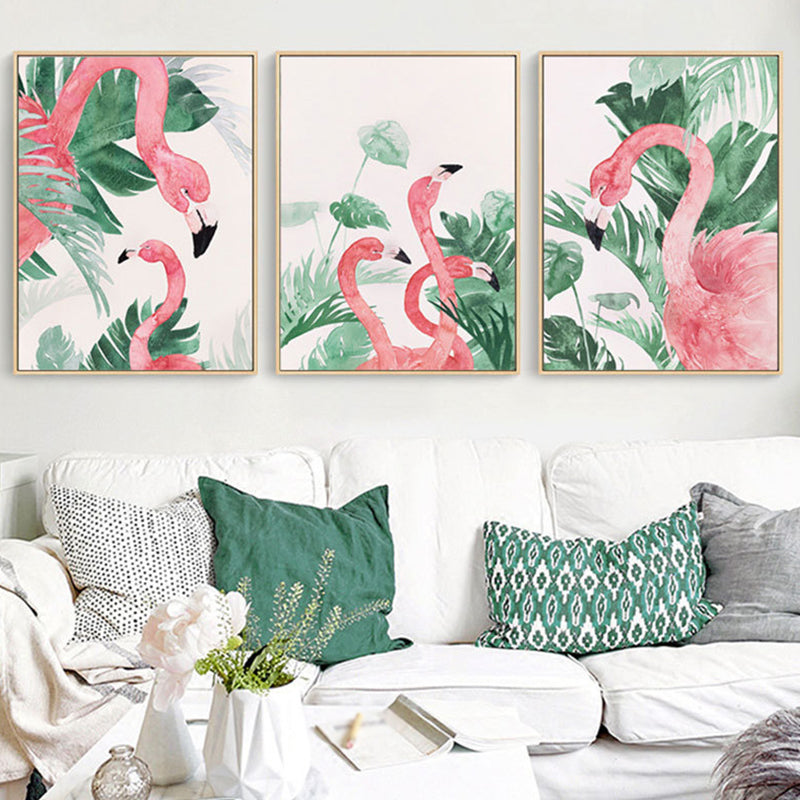 Pink-Green Kids Wall Art Flamingo and Leaves Print Canvas for Sitting Room, Textured Pink One Set Clearhalo 'Art Gallery' 'Canvas Art' 'Kids' Arts' 1638794