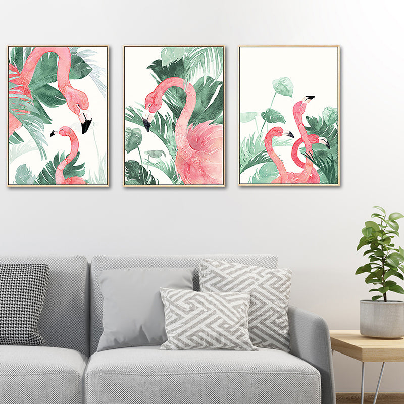Pink-Green Kids Wall Art Flamingo and Leaves Print Canvas for Sitting Room, Textured Clearhalo 'Art Gallery' 'Canvas Art' 'Kids' Arts' 1638796