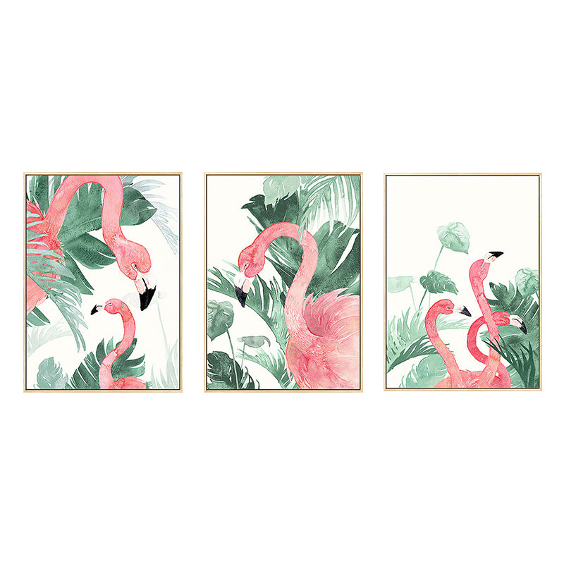 Pink-Green Kids Wall Art Flamingo and Leaves Print Canvas for Sitting Room, Textured Clearhalo 'Art Gallery' 'Canvas Art' 'Kids' Arts' 1638797