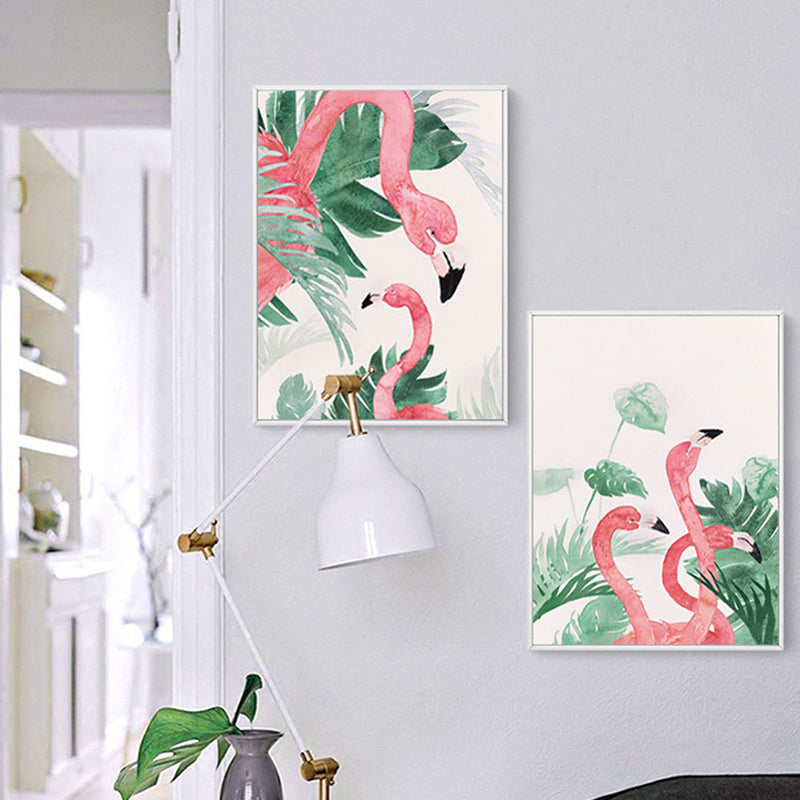 Pink-Green Kids Wall Art Flamingo and Leaves Print Canvas for Sitting Room, Textured Pink Design 1 Clearhalo 'Art Gallery' 'Canvas Art' 'Kids' Arts' 1638801