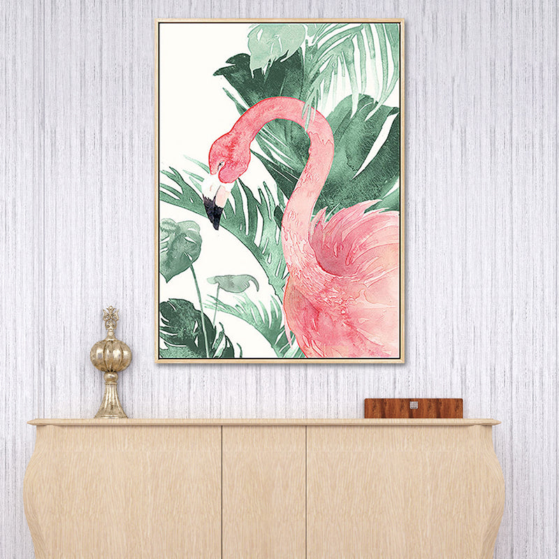 Pink-Green Kids Wall Art Flamingo and Leaves Print Canvas for Sitting Room, Textured Clearhalo 'Art Gallery' 'Canvas Art' 'Kids' Arts' 1638816
