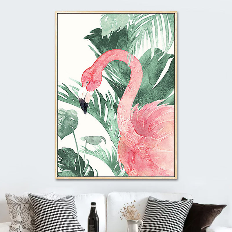 Pink-Green Kids Wall Art Flamingo and Leaves Print Canvas for Sitting Room, Textured Clearhalo 'Art Gallery' 'Canvas Art' 'Kids' Arts' 1638817