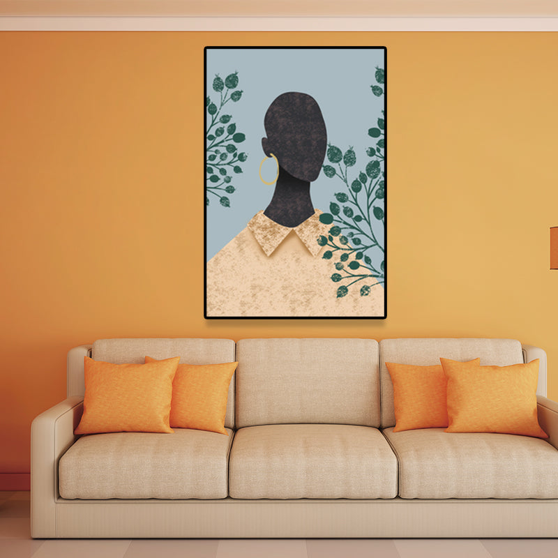 Model and Leaf Wall Art Nordic Textured Canvas Print in Pastel Color for Living Room Grey Clearhalo 'Arts' 'Canvas Art' 1638871