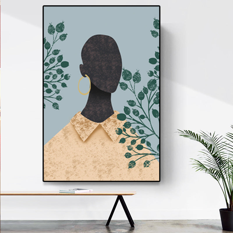Model and Leaf Wall Art Nordic Textured Canvas Print in Pastel Color for Living Room Clearhalo 'Arts' 'Canvas Art' 1638873