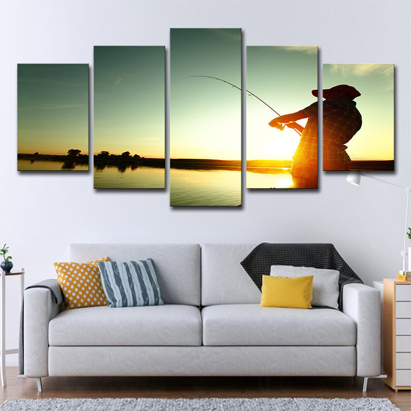 Entertainment Fishing at Sunset Canvas Modernism Multi-Piece Wall Art in Blue Clearhalo 'Art Gallery' 'Canvas Art' 'Contemporary Art Gallery' 'Modern' Arts' 1638879