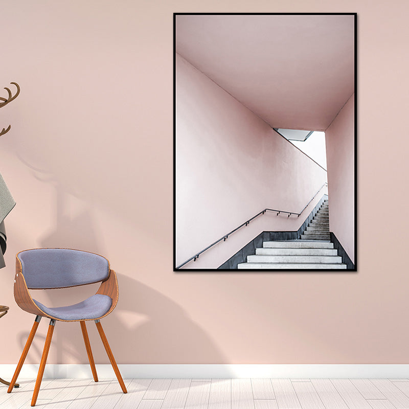 Pink Stair Entrance Canvas Print Architecture Nordic Style Textured Wall Art - Pink - Clearhalo - 'Arts' - 'Canvas Art' - 1638955