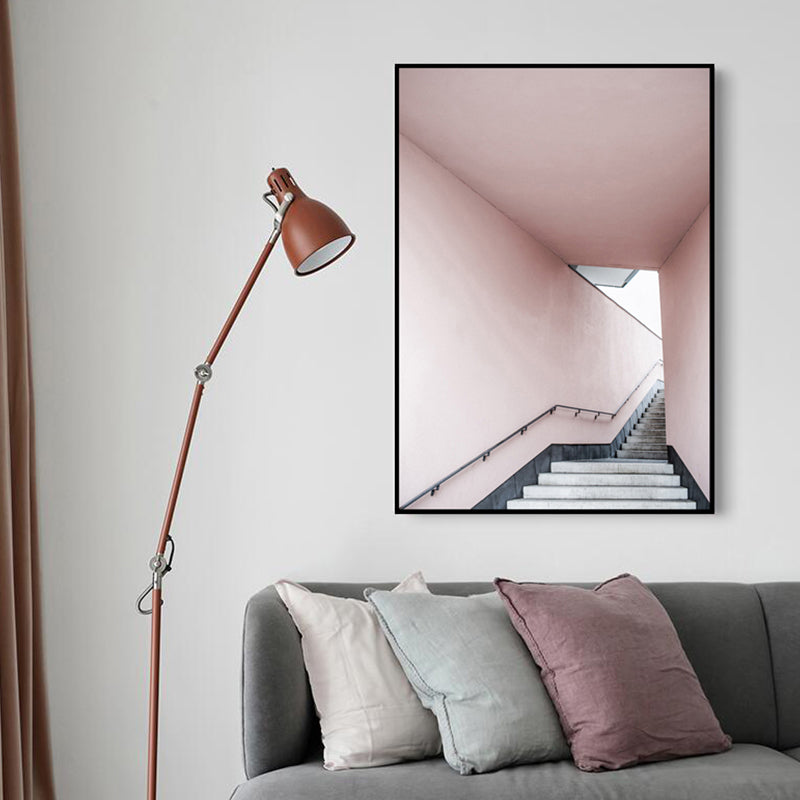 Pink Stair Entrance Canvas Print Architecture Nordic Style Textured Wall Art - Clearhalo - 'Arts' - 'Canvas Art' - 1638956