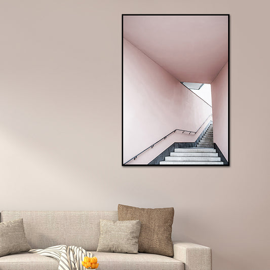 Pink Stair Entrance Canvas Print Architecture Nordic Style Textured Wall Art - Clearhalo - 'Arts' - 'Canvas Art' - 1638957