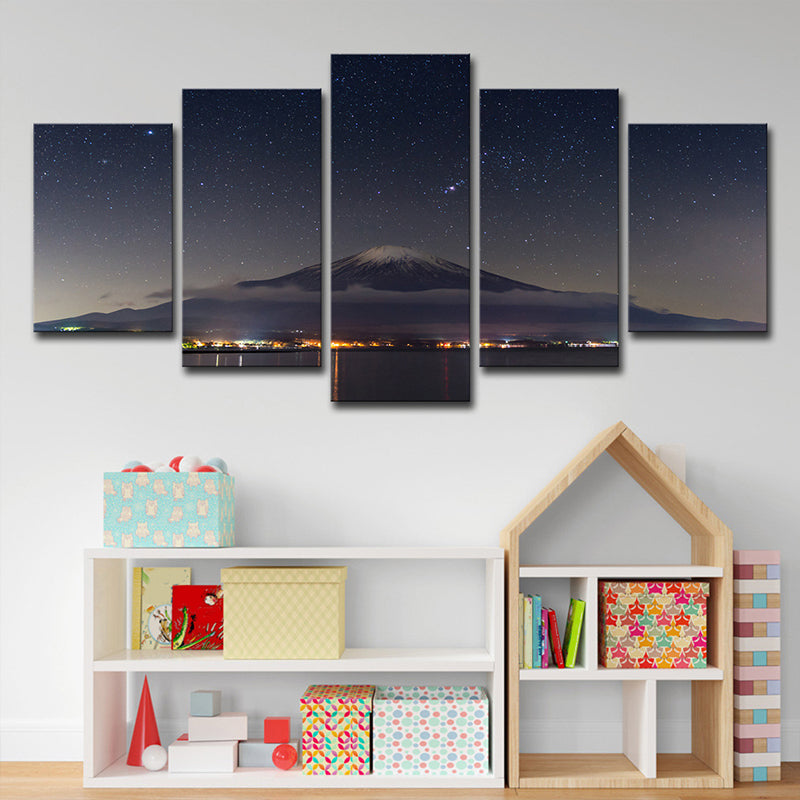 Mount Fuji Starry Night Wall Decor in Black Canvas Made Wall Art for Room, Multi-Piece Clearhalo 'Arts' 'Canvas Art' 1638977