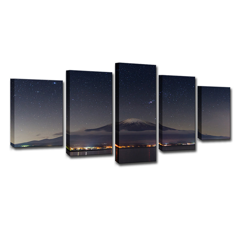 Mount Fuji Starry Night Wall Decor in Black Canvas Made Wall Art for Room, Multi-Piece Clearhalo 'Arts' 'Canvas Art' 1638979