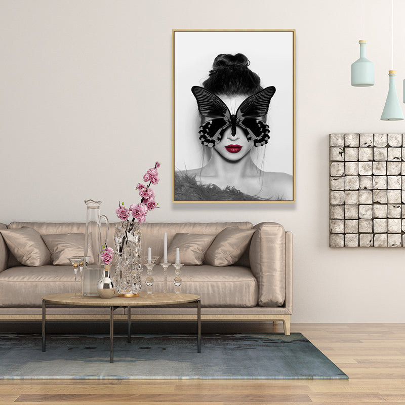 Stylish Woman Wearing Mask Canvas for Girls Bedroom, Light Color, Textured Surface Black Clearhalo 'Art Gallery' 'Canvas Art' 'Contemporary Art Gallery' 'Modern' Arts' 1638991
