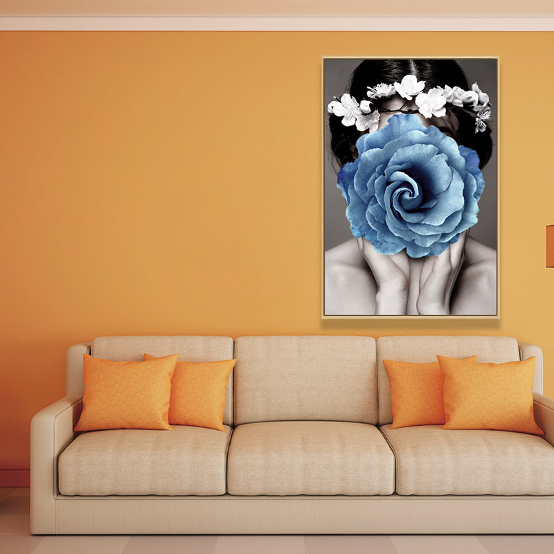 Stylish Woman Wearing Mask Canvas for Girls Bedroom, Light Color, Textured Surface Blue Clearhalo 'Art Gallery' 'Canvas Art' 'Contemporary Art Gallery' 'Modern' Arts' 1639023