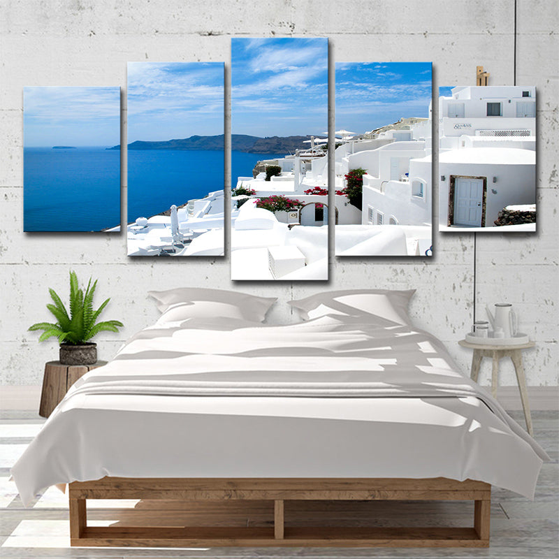 Global Inspired Seascape Wall Art White and Blue Santorini Island Canvas Print for Bedroom White Clearhalo 'Arts' 'Canvas Art' 1639038