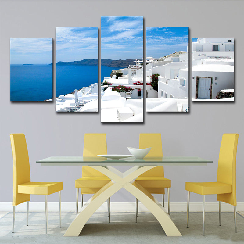 Global Inspired Seascape Wall Art White and Blue Santorini Island Canvas Print for Bedroom Clearhalo 'Arts' 'Canvas Art' 1639039