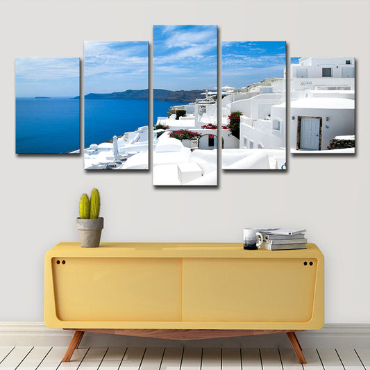 Global Inspired Seascape Wall Art White and Blue Santorini Island Canvas Print for Bedroom