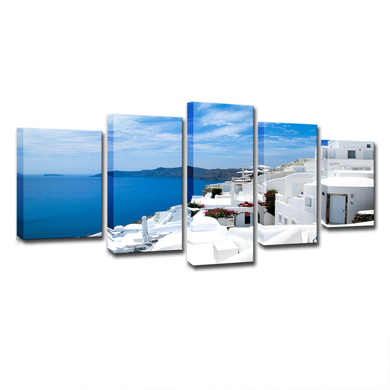Global Inspired Seascape Wall Art White and Blue Santorini Island Canvas Print for Bedroom Clearhalo 'Arts' 'Canvas Art' 1639041