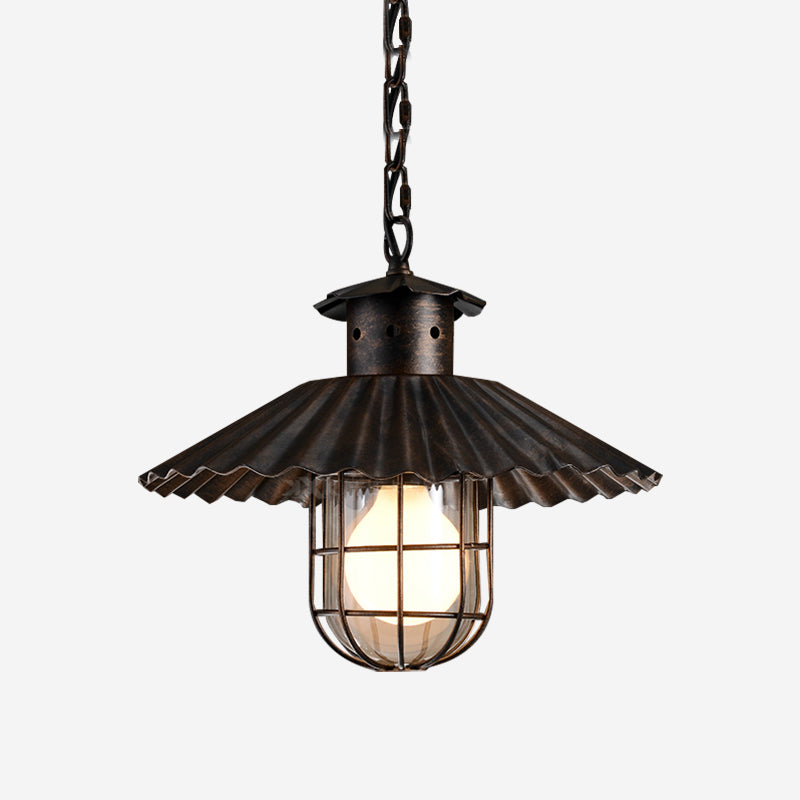 Wrought Iron Scalloped Edged Hanging Lamp with Cage Rustic 1 Head Restaurant Ceiling Pendant Light in Rust Clearhalo 'Art Deco Pendants' 'Cast Iron' 'Ceiling Lights' 'Ceramic' 'Crystal' 'Industrial Pendants' 'Industrial' 'Metal' 'Middle Century Pendants' 'Pendant Lights' 'Pendants' 'Tiffany' Lighting' 163908