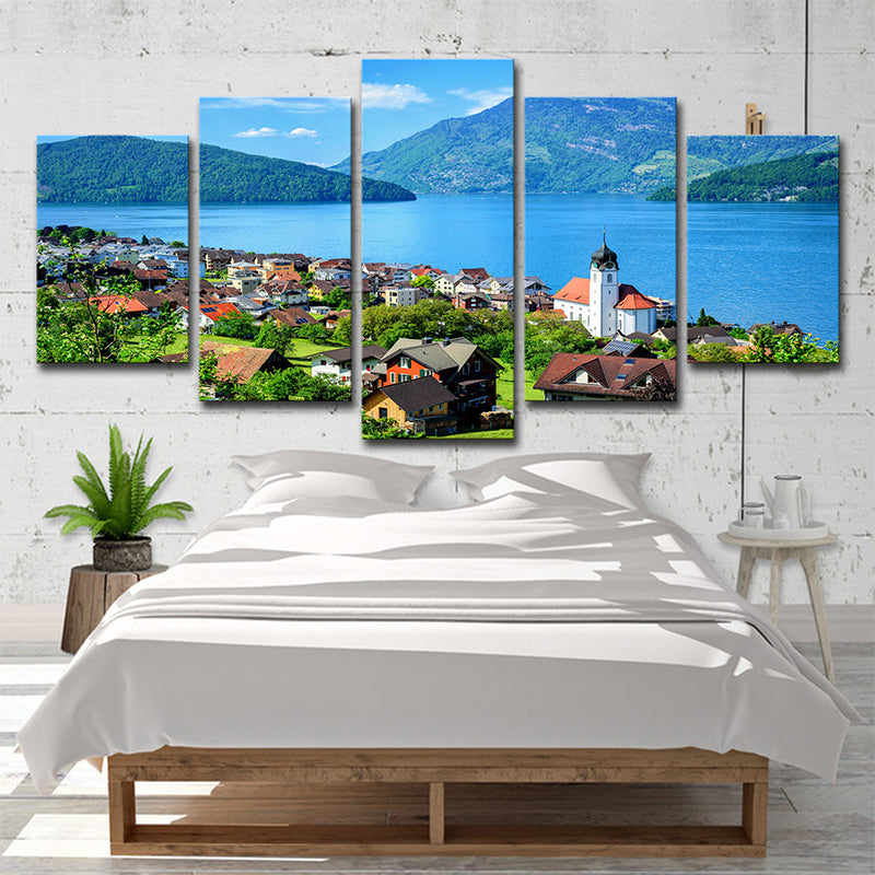 Lake Lucerne Scenery Wall Art Multi-Piece Global Inspired Bedroom Canvas Print in Blue Blue Clearhalo 'Arts' 'Canvas Art' 1639087