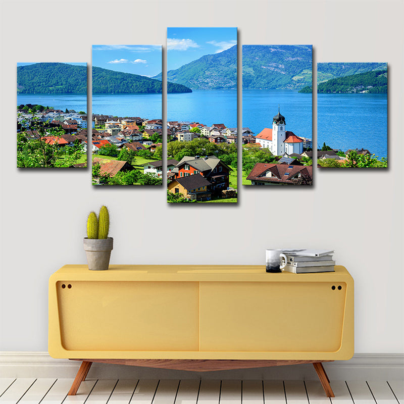 Lake Lucerne Scenery Wall Art Multi-Piece Global Inspired Bedroom Canvas Print in Blue Clearhalo 'Arts' 'Canvas Art' 1639088