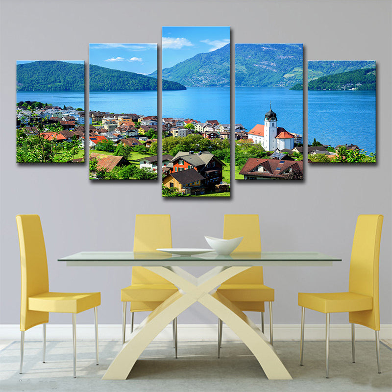 Lake Lucerne Scenery Wall Art Multi-Piece Global Inspired Bedroom Canvas Print in Blue Clearhalo 'Arts' 'Canvas Art' 1639089