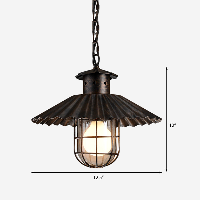 Wrought Iron Scalloped Edged Hanging Lamp with Cage Rustic 1 Head Restaurant Ceiling Pendant Light in Rust Clearhalo 'Art Deco Pendants' 'Cast Iron' 'Ceiling Lights' 'Ceramic' 'Crystal' 'Industrial Pendants' 'Industrial' 'Metal' 'Middle Century Pendants' 'Pendant Lights' 'Pendants' 'Tiffany' Lighting' 163909