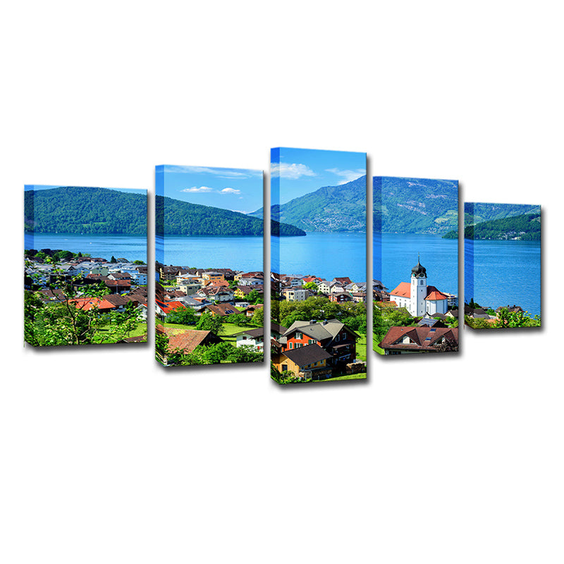 Lake Lucerne Scenery Wall Art Multi-Piece Global Inspired Bedroom Canvas Print in Blue Clearhalo 'Arts' 'Canvas Art' 1639090