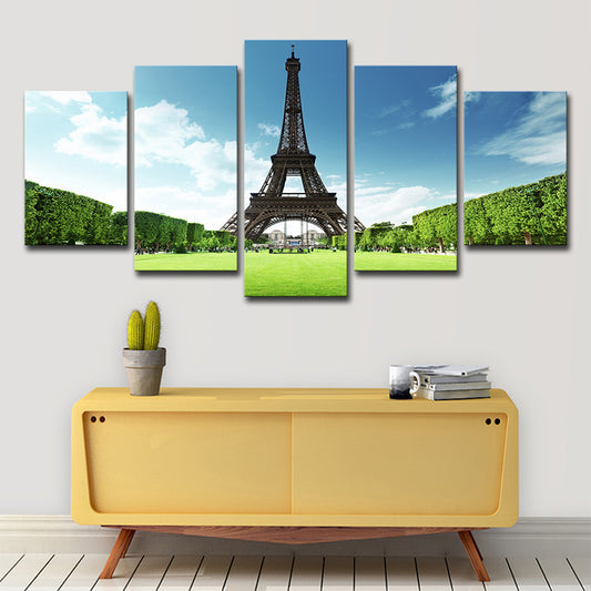 Canvas múltiples impresiones de arte impresa global Vista frontal de la Torre Eiffel y la decoración de la pared de los pastizales