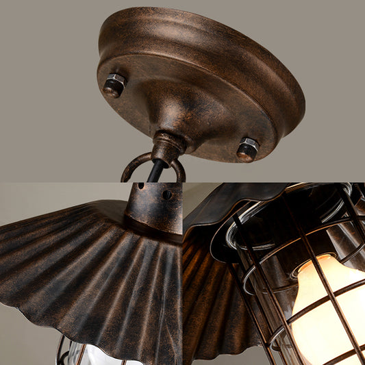 Wrought Iron Scalloped Edged Hanging Lamp with Cage Rustic 1 Head Restaurant Ceiling Pendant Light in Rust Clearhalo 'Art Deco Pendants' 'Cast Iron' 'Ceiling Lights' 'Ceramic' 'Crystal' 'Industrial Pendants' 'Industrial' 'Metal' 'Middle Century Pendants' 'Pendant Lights' 'Pendants' 'Tiffany' Lighting' 163910
