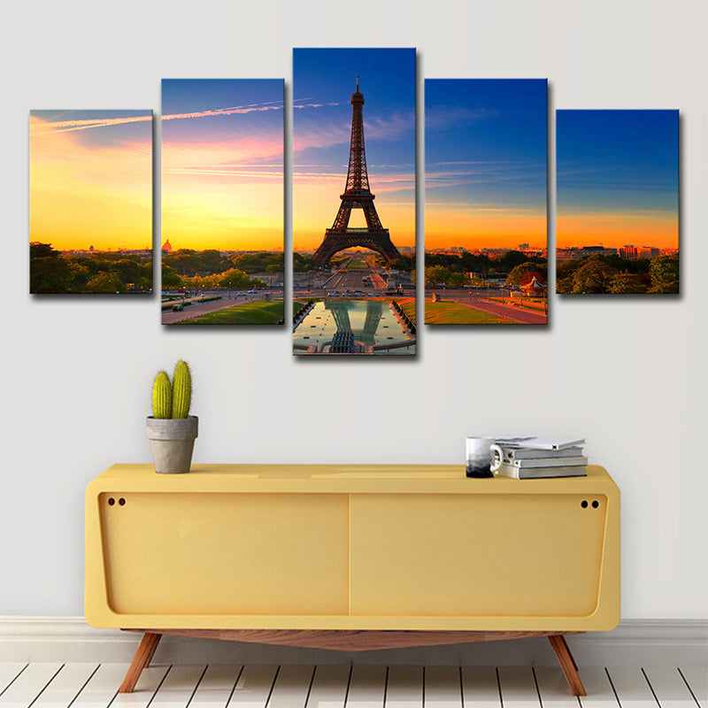 Photography Global Inspired Wall Art with Eiffel Tower and Evening Glow Scenery, Blue Blue Clearhalo 'Arts' 'Canvas Art' 1639120