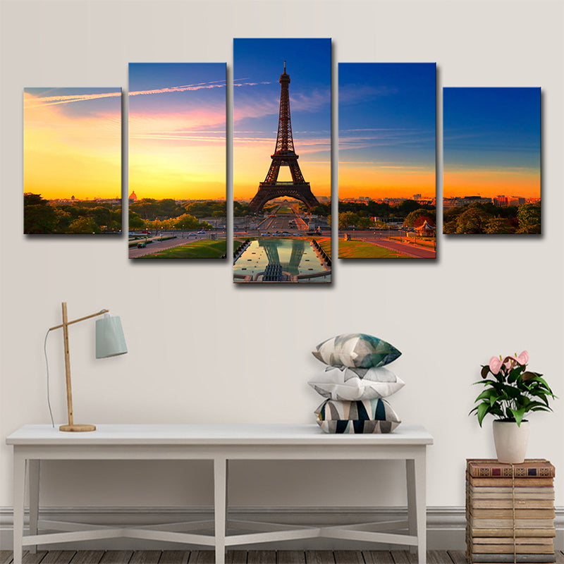 Photography Global Inspired Wall Art with Eiffel Tower and Evening Glow Scenery, Blue - Clearhalo - 'Arts' - 'Canvas Art' - 1639121