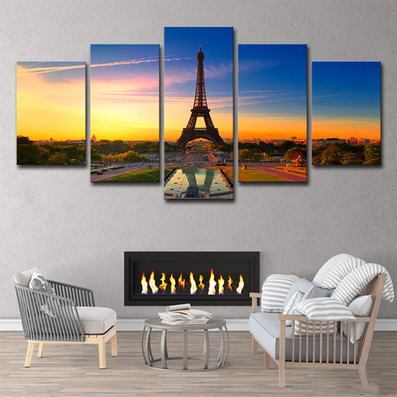 Photography Global Inspired Wall Art with Eiffel Tower and Evening Glow Scenery, Blue - Clearhalo - 'Arts' - 'Canvas Art' - 1639122