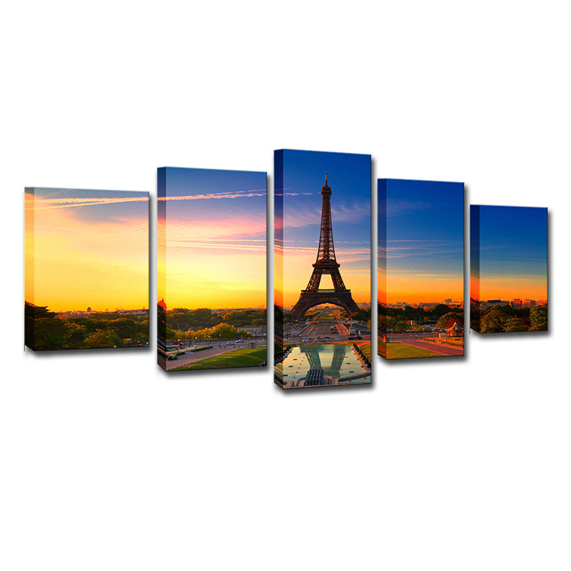 Photography Global Inspired Wall Art with Eiffel Tower and Evening Glow Scenery, Blue Clearhalo 'Arts' 'Canvas Art' 1639123